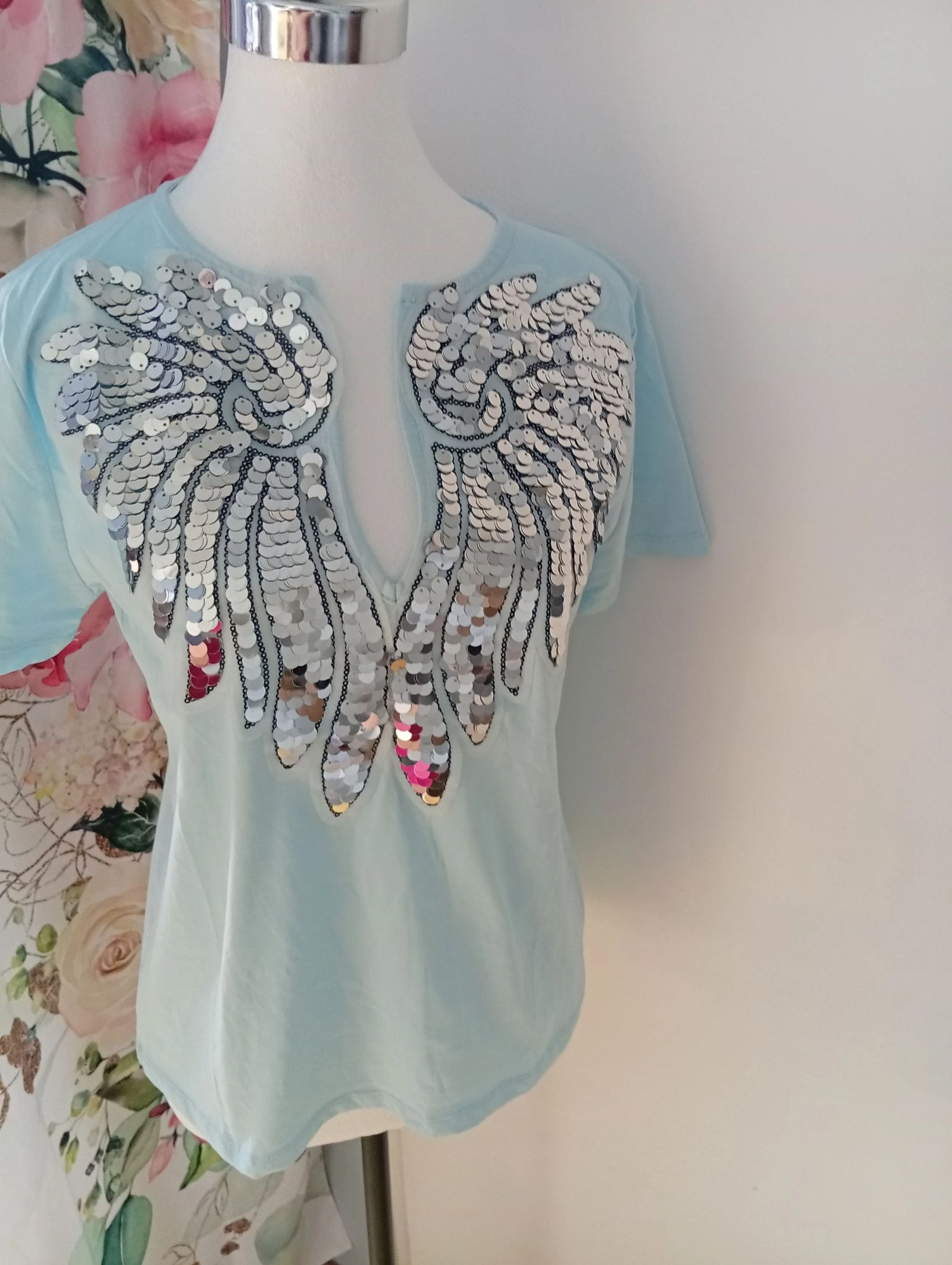 T-shirt met pailletten en spiegelparels, engelenvleugels 95% – photo 3